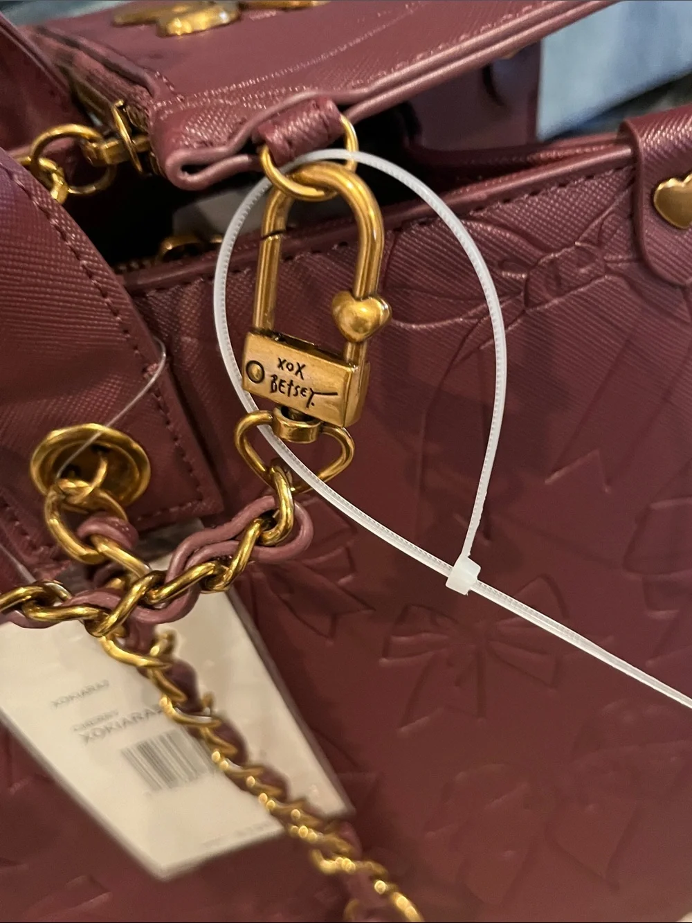 Betsey Johnson Maroon Embossed Bow Tote and Pouch with Gold Accents